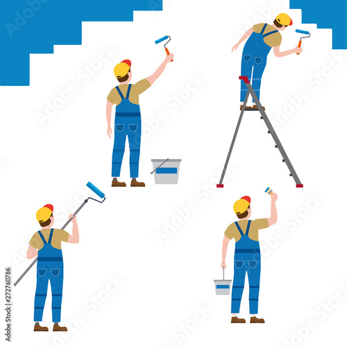Set Painter proffessional characters man at work. Male painters in uniform applying paint to wall