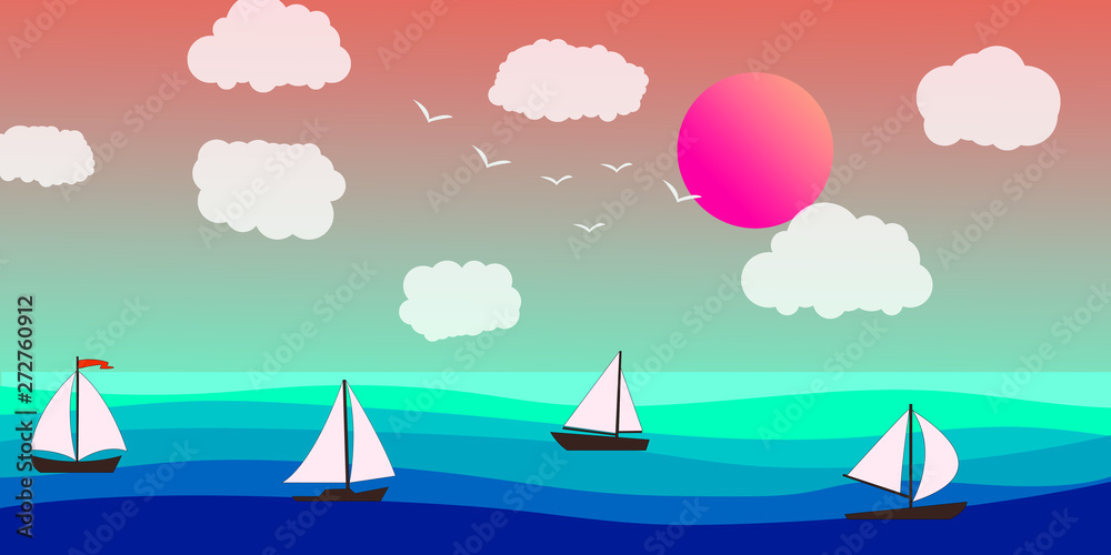 Yacht sailing on opened sea. Summer holidays concept. Little Boat in blue ocean.
