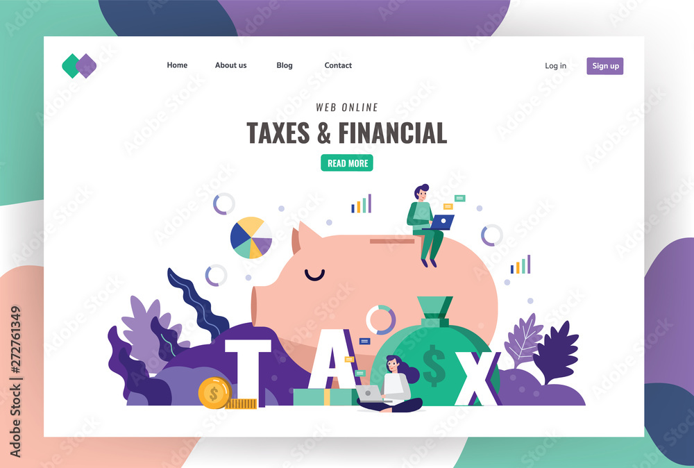 Tax and financial landing page template. Business people searching and calculating taxes bill. vector illustration