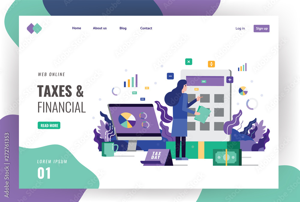Tax and financial landing page template. Business people searching and calculating taxes bill. vector illustration Tax and financial landing page template. Business people searching and calculating taxes bill. vector illustration