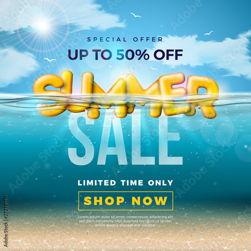 Summer Sale Design with 3d Typography Letter in underwater blue ocean background. Vector Special Offer Illustration with Deep Sea Scene and Holiday Elements for Coupon, Voucher, Banner, Flyer