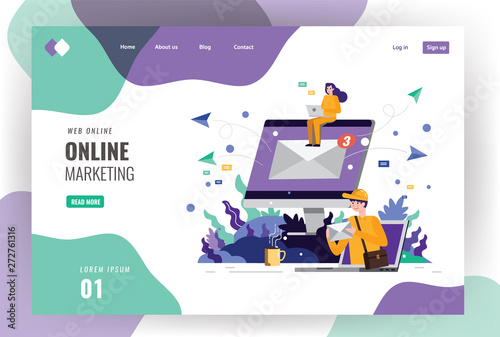 Electronic mail message concept as part of business marketing. People sending email on device. Website landing page template. vector illustration