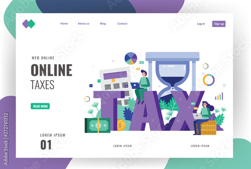 Tax and financial landing page template. Business people searching and calculating taxes bill. vector illustration