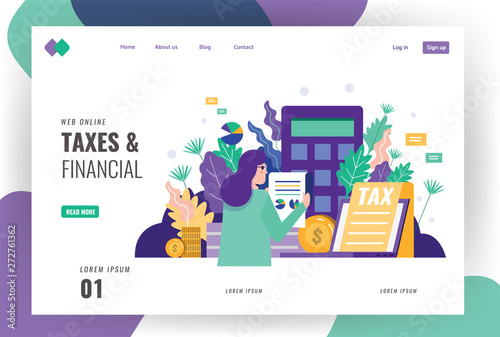 Tax and financial landing page template. Business people searching and calculating taxes bill. vector illustration