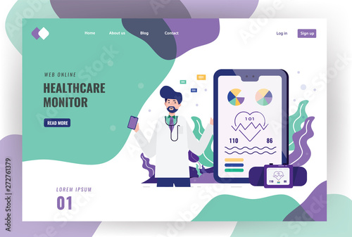 Doctor is holding up a phone screen with an application user interface about heart rate. Website landing page template. vector illustration
