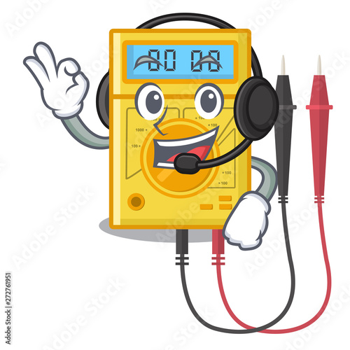 With headphone digital multimeter sticks to the cartoon wall