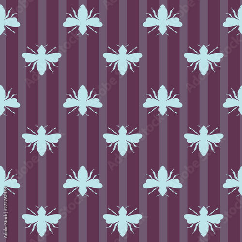 Vector Retro Bees Shapes on Plum Stripes seamless pattern background. Perfect for fabric, scrapbooking and wallpaper projects.	