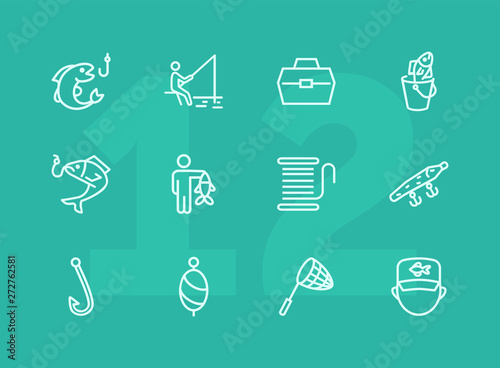 Fishing icon. Set of line icons on white background. Fish, catch, angling, harpoon. Fisherman concept. Vector illustration can be used for topics like leisure, recreation, hobby