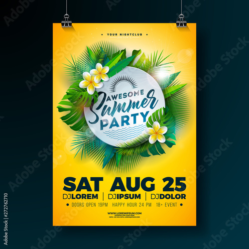 Vector Summer Beach Party Flyer Design with Flower and Tropical Palm Leaves on Yellow Background. Summer design template with nature floral elements and exotic plants for banner, flyer, invitation