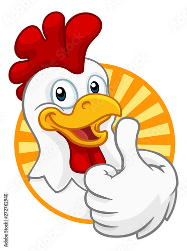 A chicken cartoon rooster cockerel character mascot giving a thumbs up.