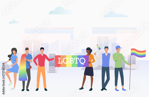 People holding LGBTQ flags in pride parade in city. Diversity, discrimination, freedom concept. Vector illustration can be used for topics like tolerance, homophobia, social rights