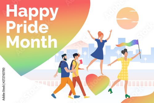 People in happy pride parade. Diversity, discrimination, freedom concept. Presentation slide template. Vector illustration can be used for topics like tolerance, homophobia, social rights