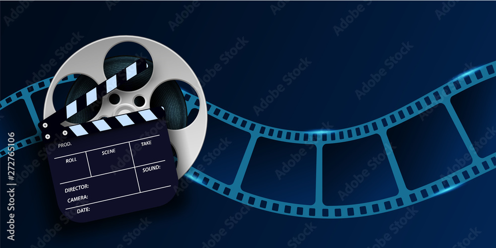 Cinema film strip wave, film reel and clapper board isolated on blue background. 3d movie flyer or poster with place for your text. Template design cinematography concept of film industry. Vector EPS