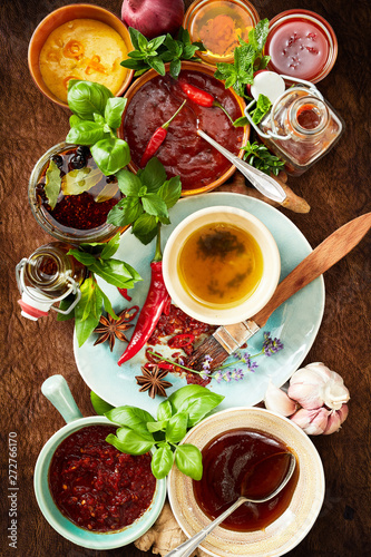 Variety of spicy, piquant and savory sauces