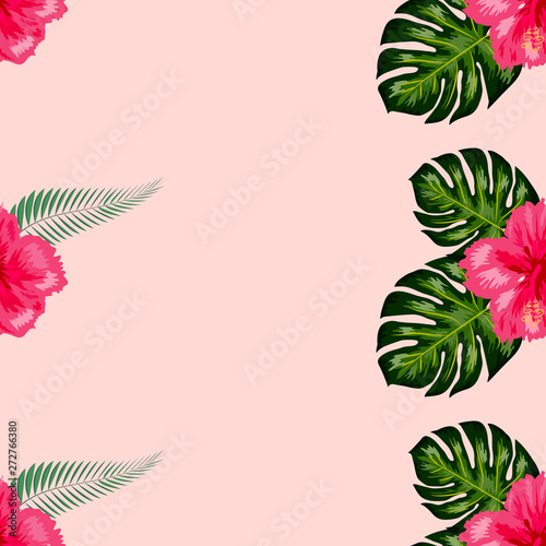 Seamless pattern of leaves monstera, flowers, tropical leaves of palm tree.