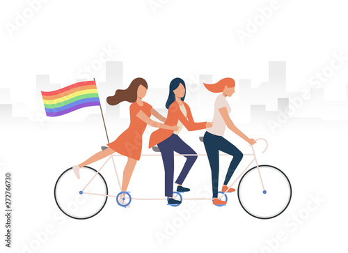 Girls riding three seat tandem bike with rainbow flag. Female LGBT activists. Homosexuality concept. Vector illustration can be used for topics like LGBTQ pride, gay, community