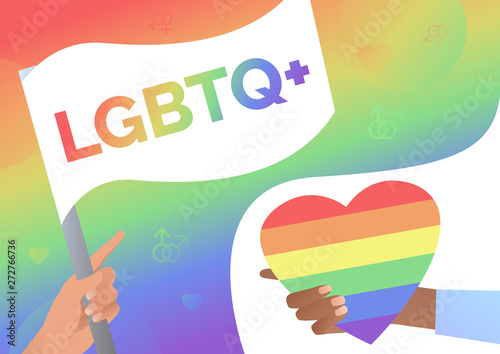 Hands holding LGBTQ flag and rainbow heart. Community, pride, LGBT symbol. LGBT parade concept. Vector illustration can be used for topics like proud, diversity, love, equality