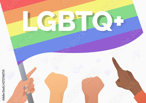 LGBTQ flag. Human hands holding and pointing at rainbow flag. LGBT parade concept. Vector illustration can be used for topics like gay pride, queer fest, proud