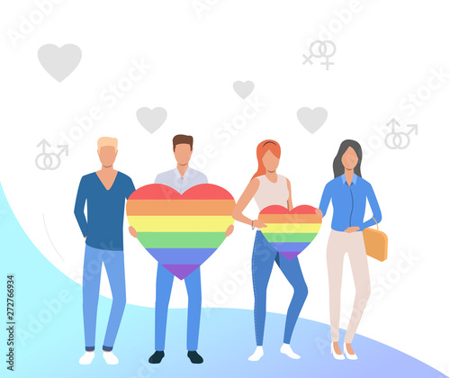 People holding rainbow hearts. Gay and lesbian couple with LGBT symbols. Homosexuality concept. Vector illustration can be used for topics like LGBTQ, pride, diversity