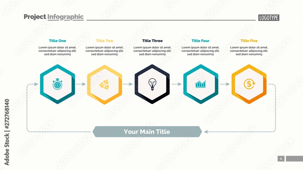 Five elements process chart slide template. Business data. Cycle, step ...