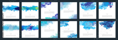Big set of bright blue vector watercolor background for poster, brochure or flyer