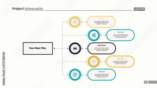 Five options flowchart slide template. Business data. Structure, hierarchy, design. Creative concept for infographic, presentation, report. Can be used for topics like consulting, teamwork, planning.
