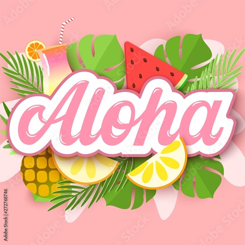 Aloha hand lettering on paper cut background with palm leaves, watermelon and citrus, tropical 3d design. Vector illustration. Tropical typography design.