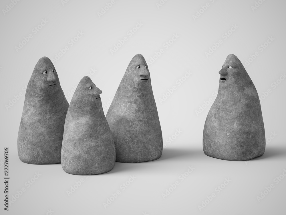 3D rendering of four stone figures with faces. 3D rendering of four stone figures with faces.