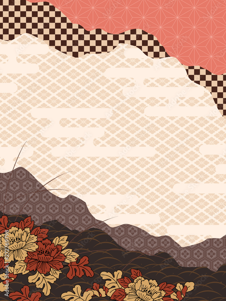 和柄 花と霞の和風背景素材 縦 ブラウン Stock Illustration Adobe Stock