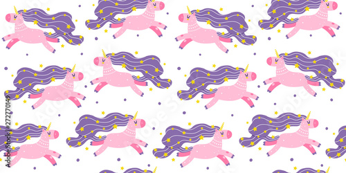 Seamless pattern with cute cartoon unicorns for Your magic design