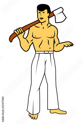 man with axe flat illustration. Primitive ancient male cartoon character. man with hunting, working tool isolated design element.