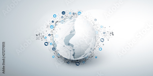 Modern Style Futuristic Machine Learning, Artificial Intelligence, Cloud Computing and IoT Networks Design Concept with Connected Icons, Network Mesh and Earth Globe 