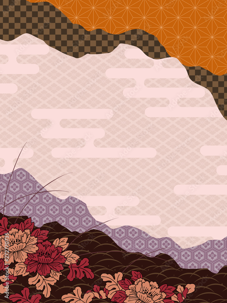 和柄 花と霞の和風背景素材 縦 オレンジ Stock Illustration Adobe Stock