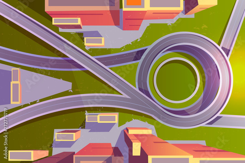 Top view transport interchange in city, empty highway road junction, urban architecture, modern megapolis with skyscrapers, map, cityscape background, noisy grungy effect. Cartoon vector illustration