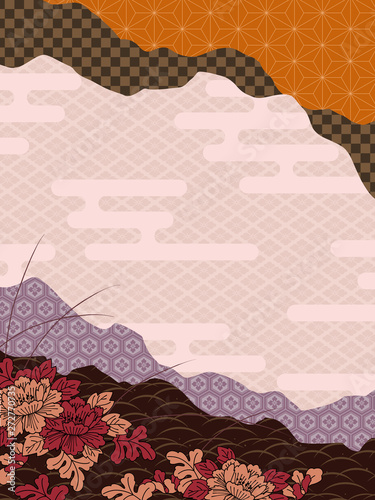 和柄 花と霞の和風背景素材 縦 オレンジ Stock Illustration Adobe Stock