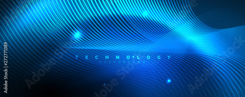 Trendy neon blue abstract design with waves and circles. Neon light glowing effect. Abstract digital background.