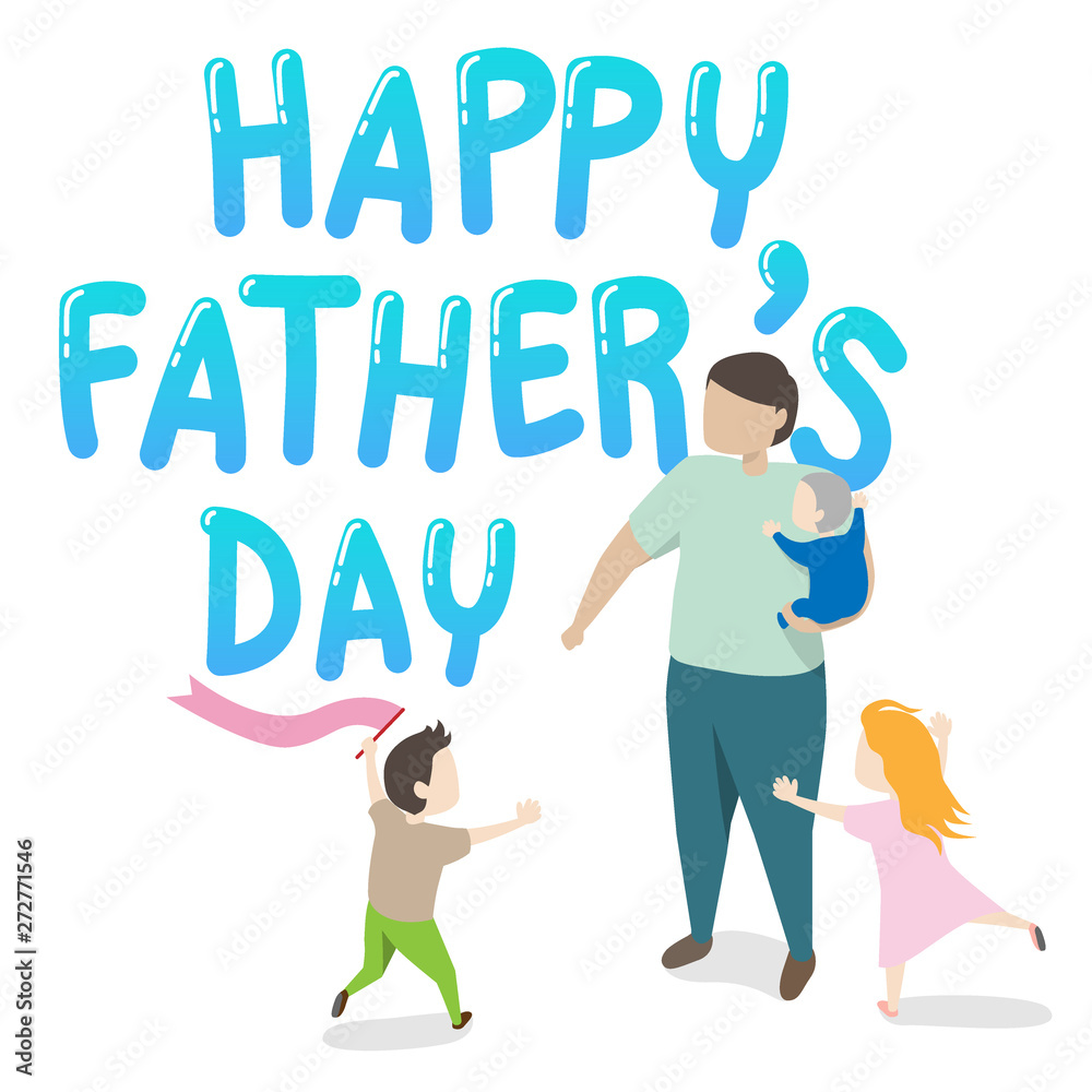 vector of happy father's day greeting card. father holding a child in his arm with two kids playing around. happy big family together vector of happy father's day greeting card. father holding a child in his arm with two kids playing around. happy big family together