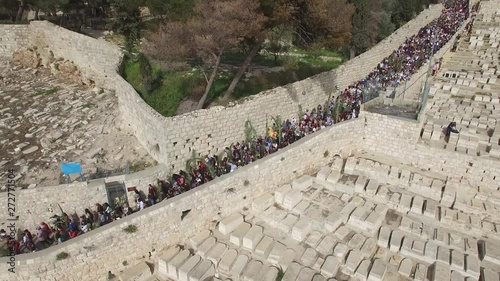 Aerial of Palm Sunday pilgrims procession on Mt. Olives. Jerusalem. DJI-0667-05