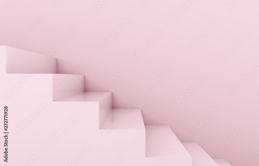 Fashion beauty podium backdrop with pink stair for product display. Geometric 3d steps background. Pink background.