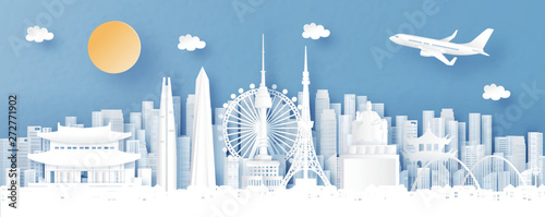 Panorama view of Seoul, Korea and city skyline with world famous landmarks in paper cut style vector illustration