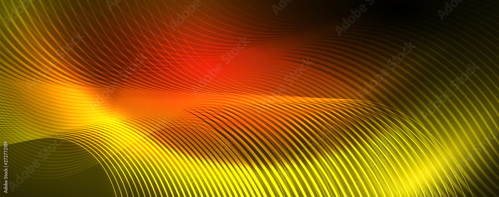 Bright neon circles and wave lines, glowing shiny background design template, digital techno concept. Bright neon circles and wave lines, glowing shiny background design template, digital techno concept.
