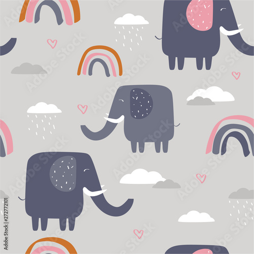 Happy elephants, clouds, rainbow, hand drawn backdrop. Colorful seamless pattern with animals and water drops. Decorative cute wallpaper, good for printing. Overlapping background vector