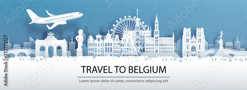 Travel advertising with travel to Belgium concept with panorama view of city skyline and world famous landmarks in paper cut style vector illustration.