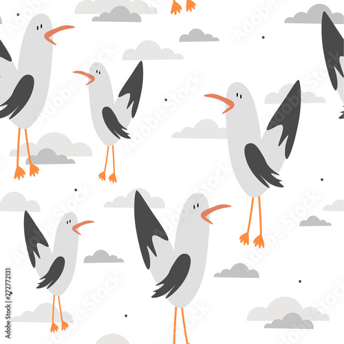 Seamless pattern, birds and clouds, hand drawn overlapping backdrop. Colorful background vector. Cute illustration, seagulls. Decorative wallpaper, good for printing