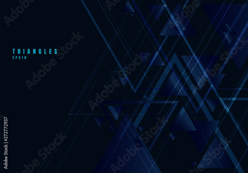 Abstract blue triangles shape and lines on black background for business technology style. Geometric design element for elegant with copy space.