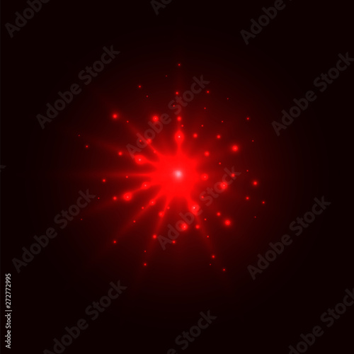 Abstract red glow light burst explosion with magic bright sparkle center and glitters around on dark background.