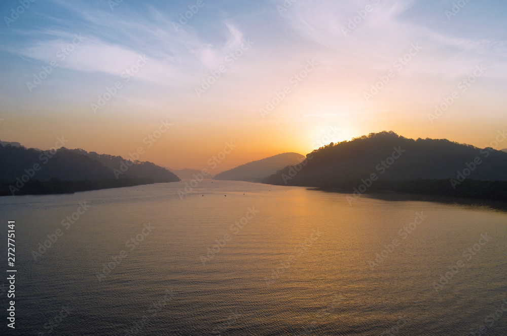 beautiful sunrise, mountain and river