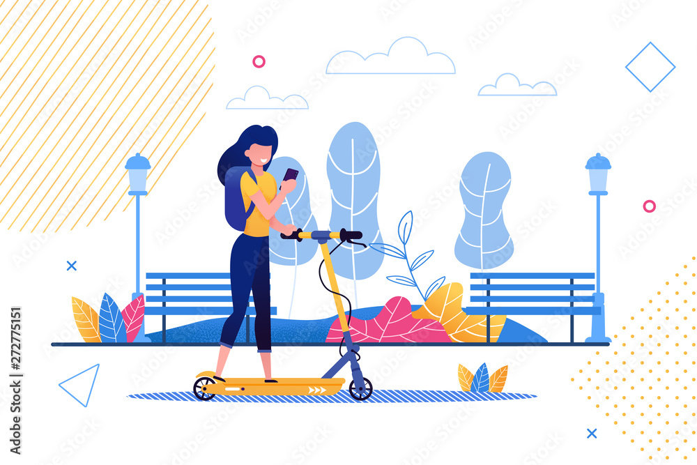 Cartoon Woman Riding Scooter Holding Mobile Phone.