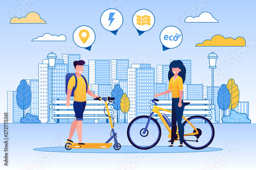 Man Riding Scooter, Woman on Bicycle, Eco Concept.