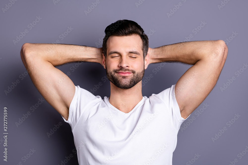 Close-up portrait of his he nice-looking attractive cheery bearded guy having rest chill out serenity isolated over gray pastel violet purple background Close-up portrait of his he nice-looking attractive cheery bearded guy having rest chill out serenity isolated over gray pastel violet purple background